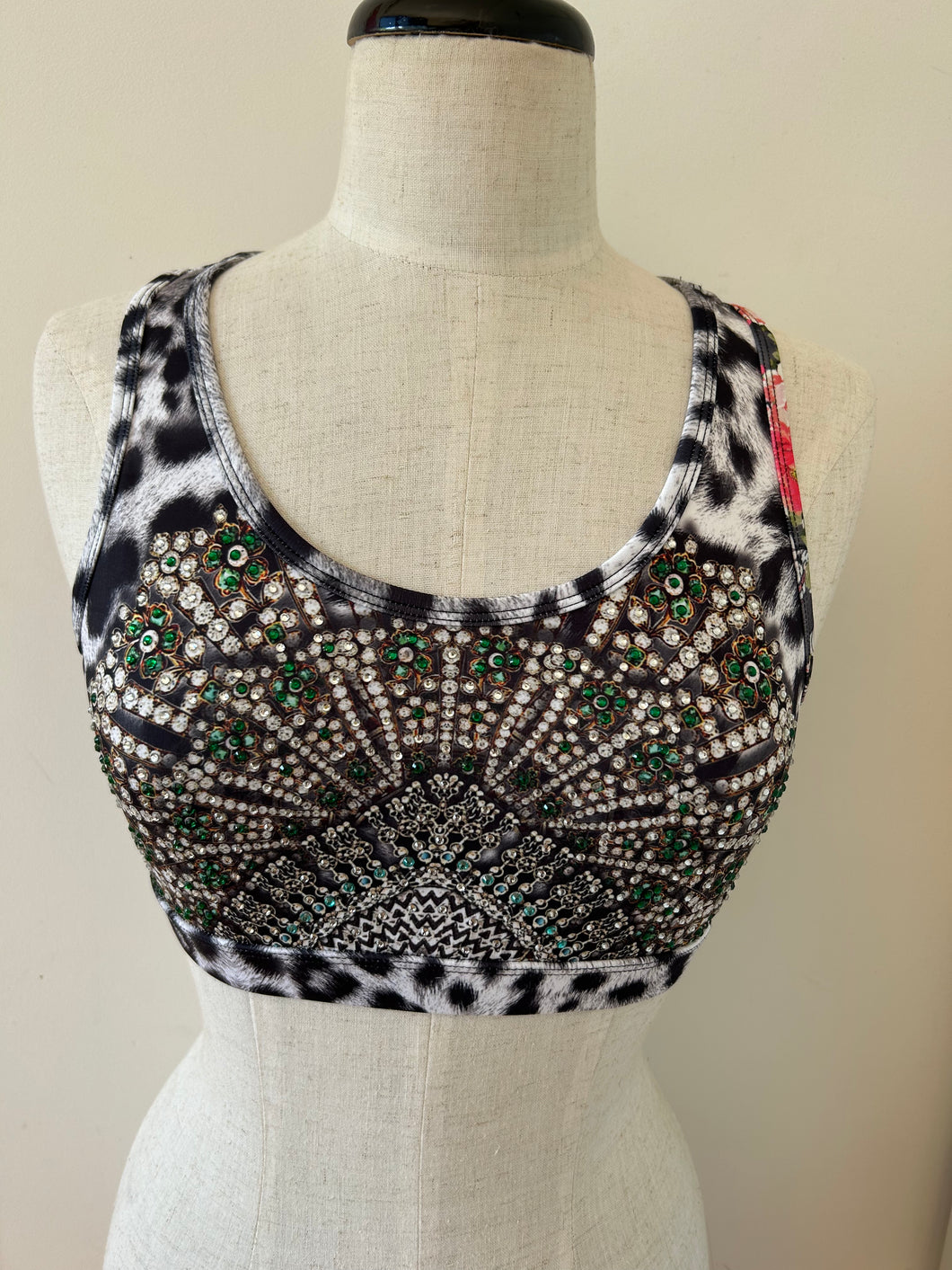 Cropped racer back top snow leopard